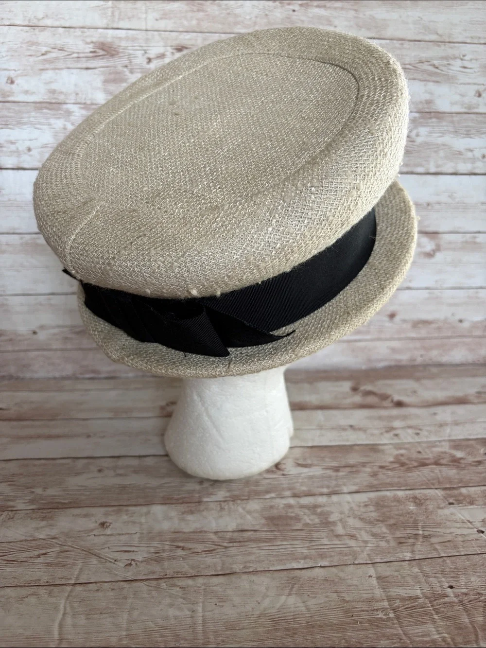 Vintage Cream Straw Pillbox Hat with Black Grosgrain Band - Picture 4 of 9